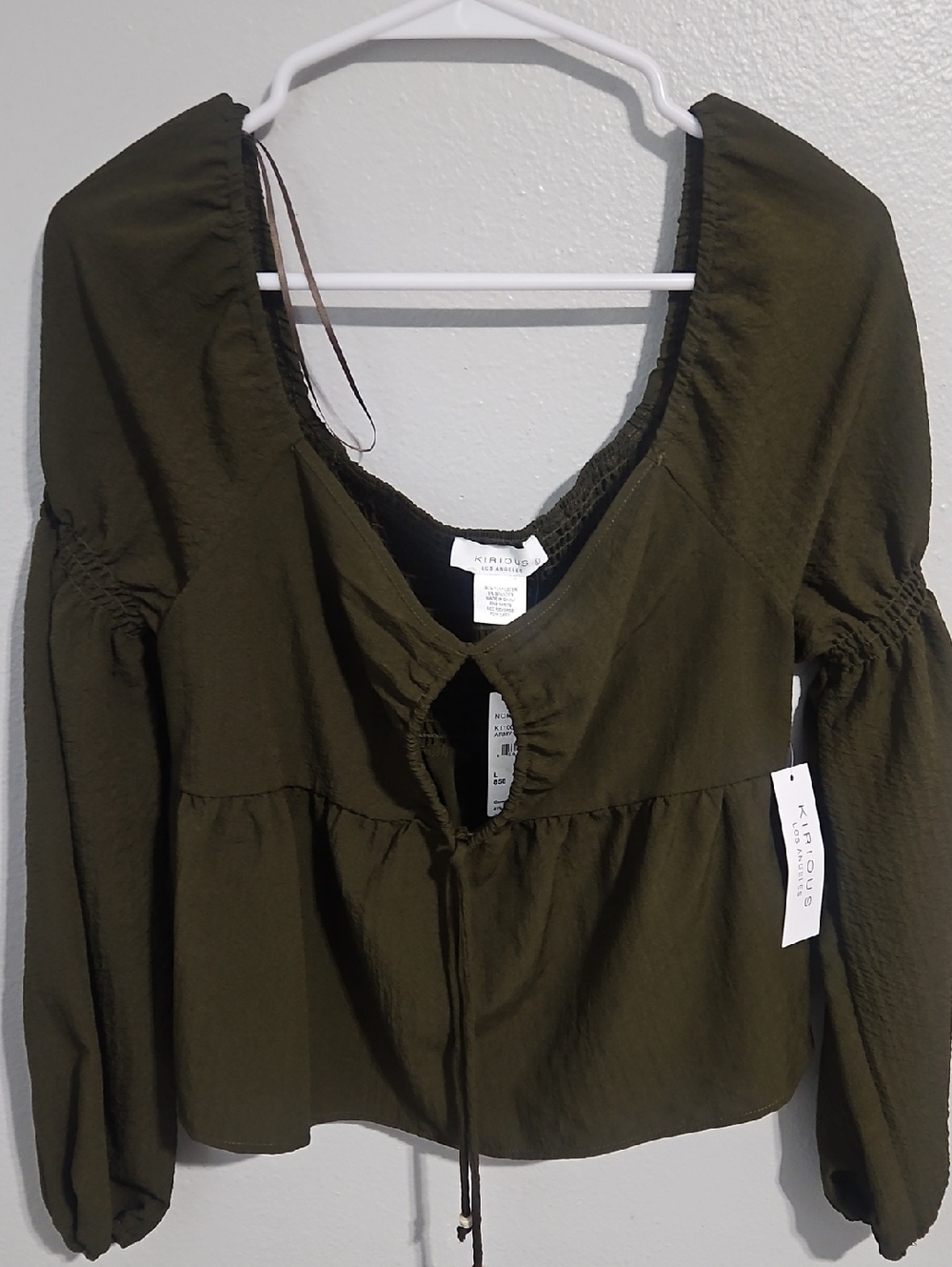 Nordstrom Olive Green Peasant Tie-Front Blouse